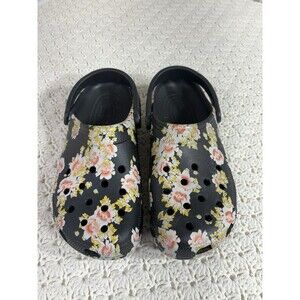 Crocs Floral Sandals Size M9 W11 M 9 W 11 Black Pink Yellow Flower Print EUC